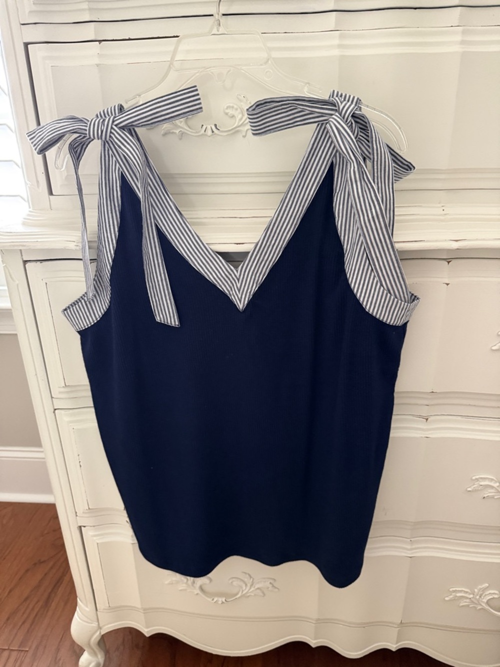 Navy Ribbed Tank with Striped Tie On Straps